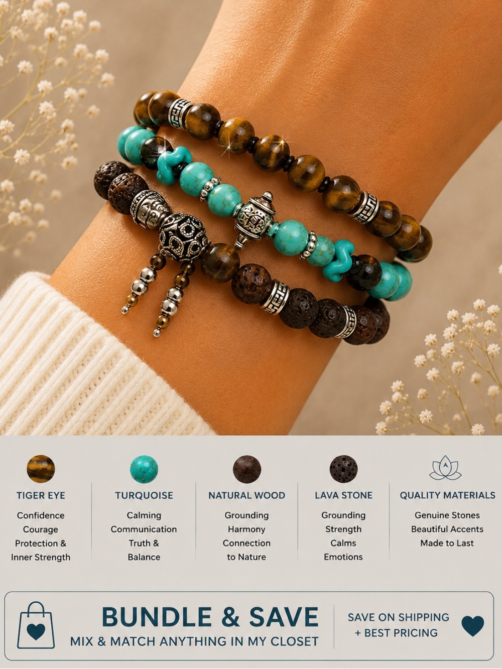 Turquoise, Lava, Matt Tiger eye Genuine Stone stretch, unisex Bracelet